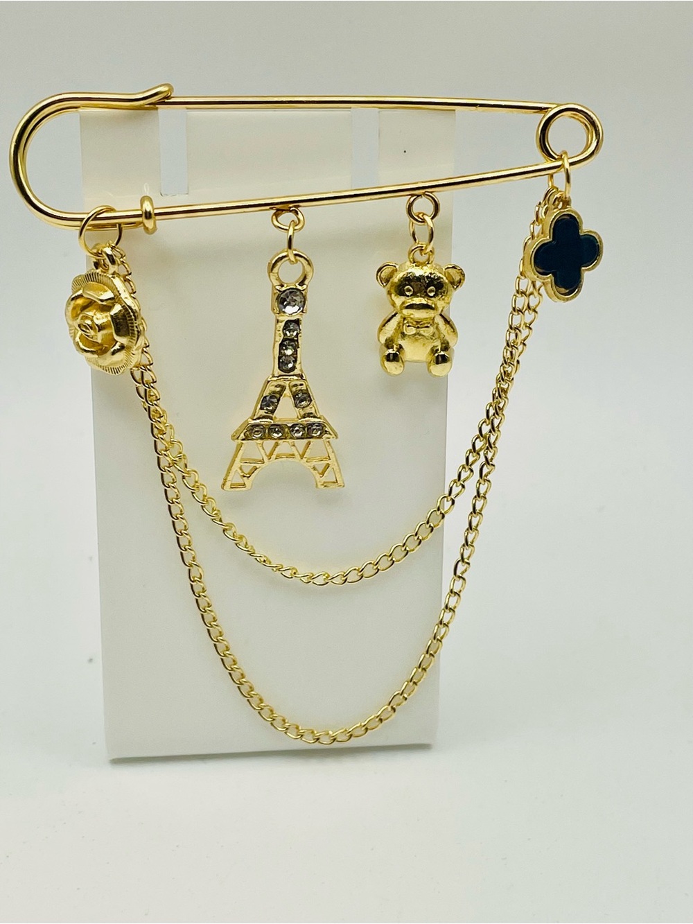 Gold Tone Safety Pin Rose, Clover, Eiffel Tower & Teddy Charm Brooch